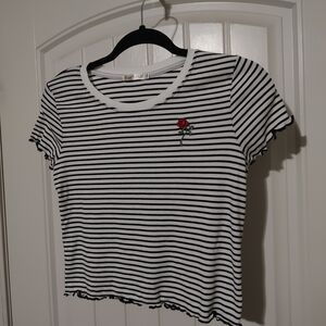 Black and White Striped Tee with Rose Detail